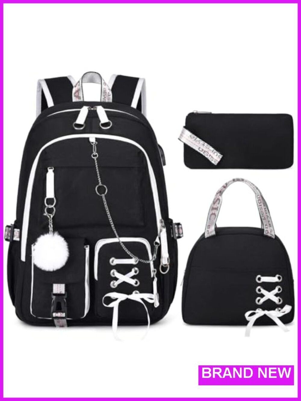 Girls Backpack Set with Lunch Bag and Pencil Case, USB Charging Port, Water